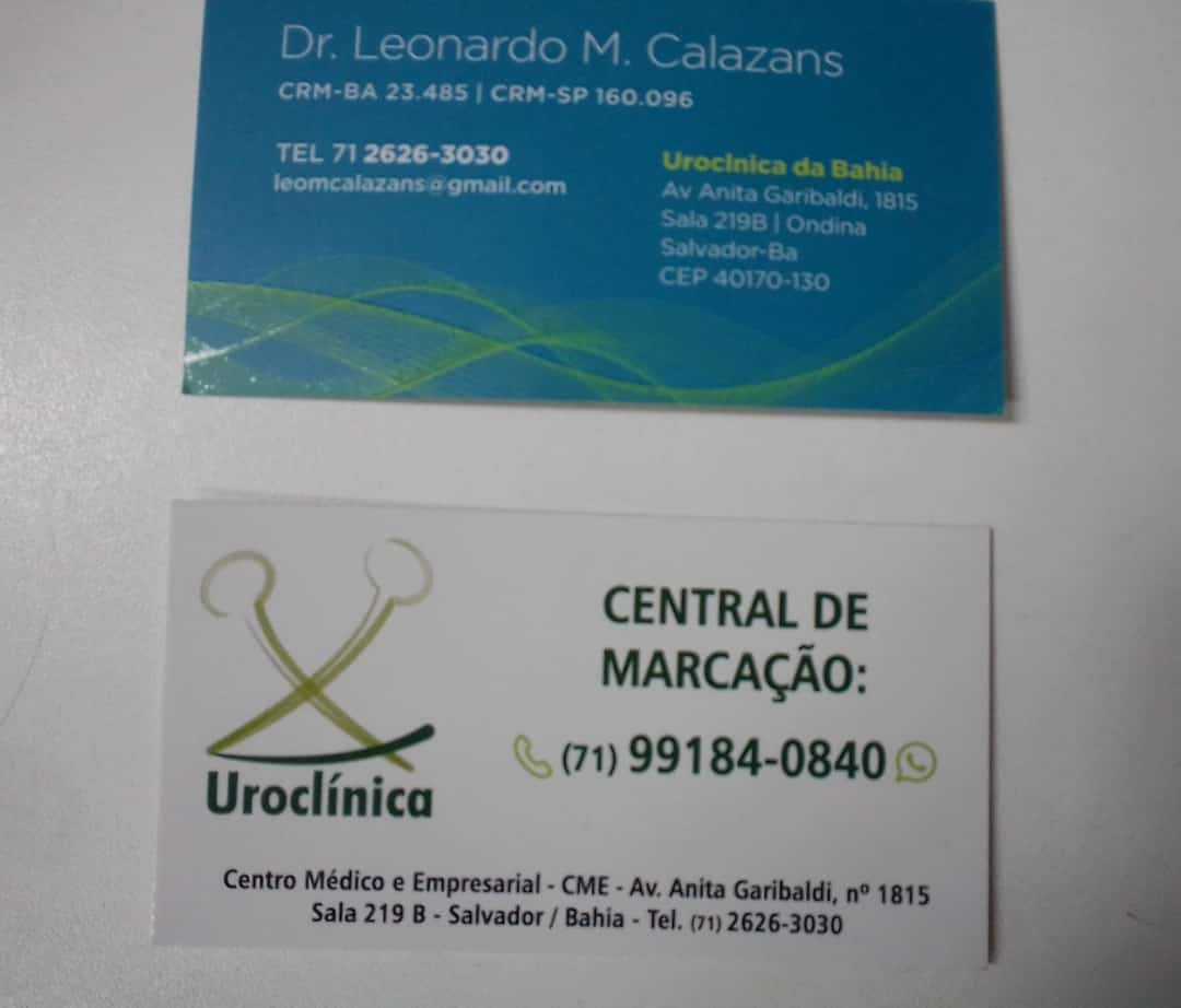 CLÍNICA UROLÓGICA DA BAHIA. DR. LEONARDO CALAZANS CENTRAL DE MARCAÇÃO DE CONSULTAS 71991840840 UROCLÍNICA 7126263030 CENTRO MÉDICO E EMPRESARIAL , AVENIDA ANITA GARIBALDI, 1815 SALA 219 B, ONDINA, SALVADOR, BAHIA